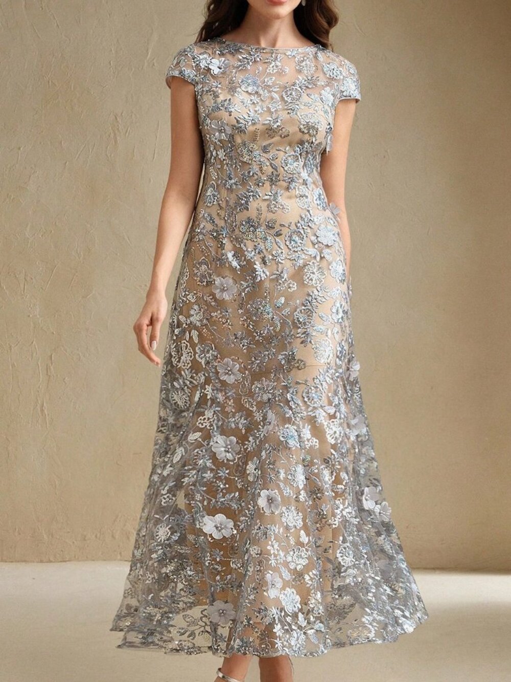 Silver Elegant Women's Floral Mesh Resort Dress with Sparkly Short Sleeves - Picture 7 of 7